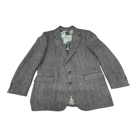 VTG Stafford Harris Tweed Blazer Men 46R Gray Herringbone Tweed Scottish Wool - Picture 1 of 9
